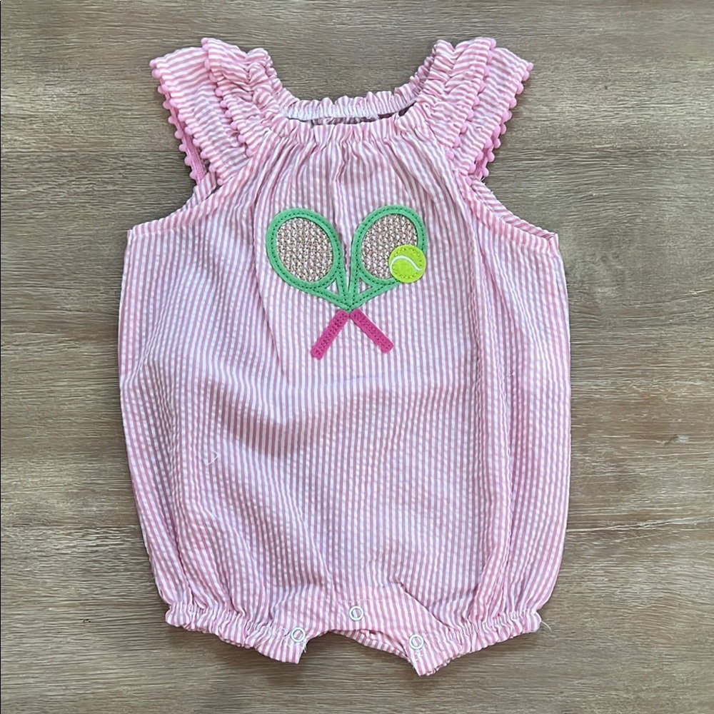 Mudpie Baby Girl Pink Seersucker Bubble Tennis 9-12 months